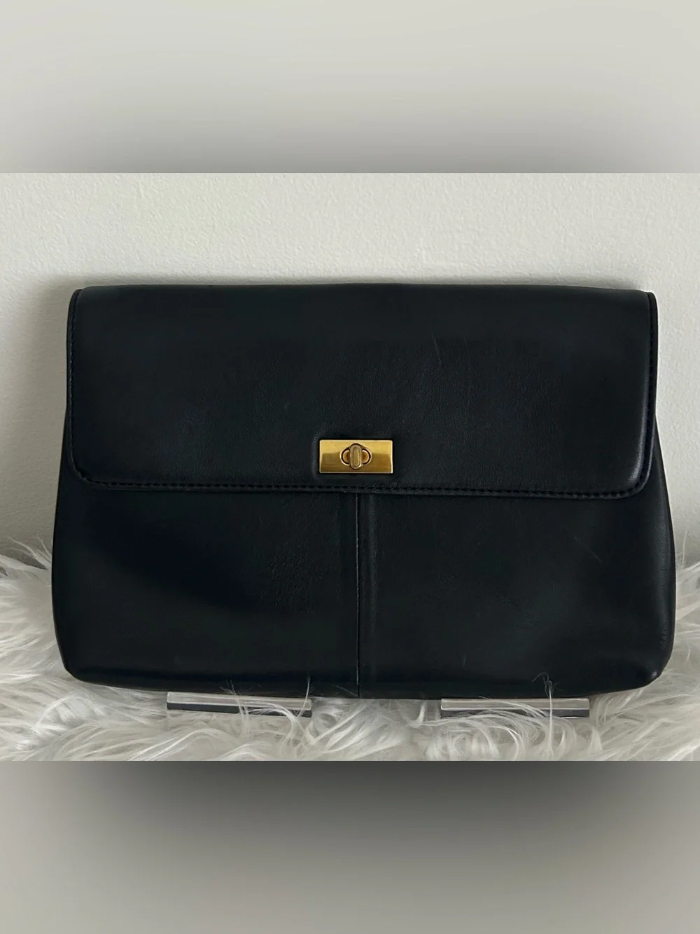 J.Crew Black Leather Turnlock Clutch Bag Convertible Shoulder Purse